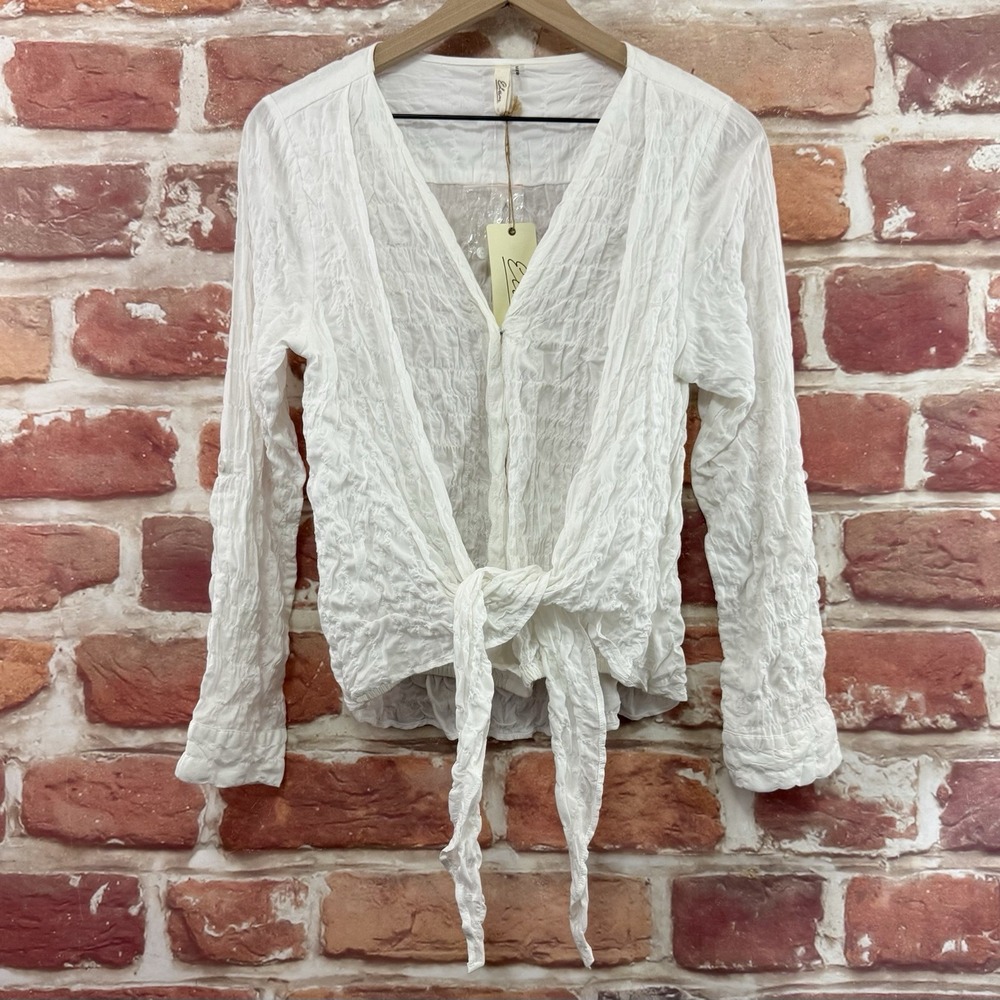 Elan Top Women's Medium Plain White Crinkle Tie Front Casual Layered Look Shirt